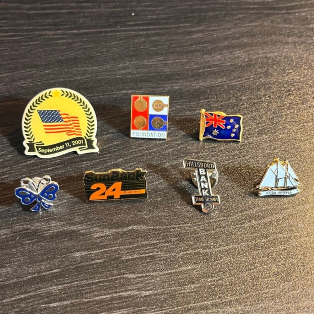 Vintage Enamel Pin Lot Amway‎ Butterfly SunBank 9/11 Foundation Travel, 7 Pins